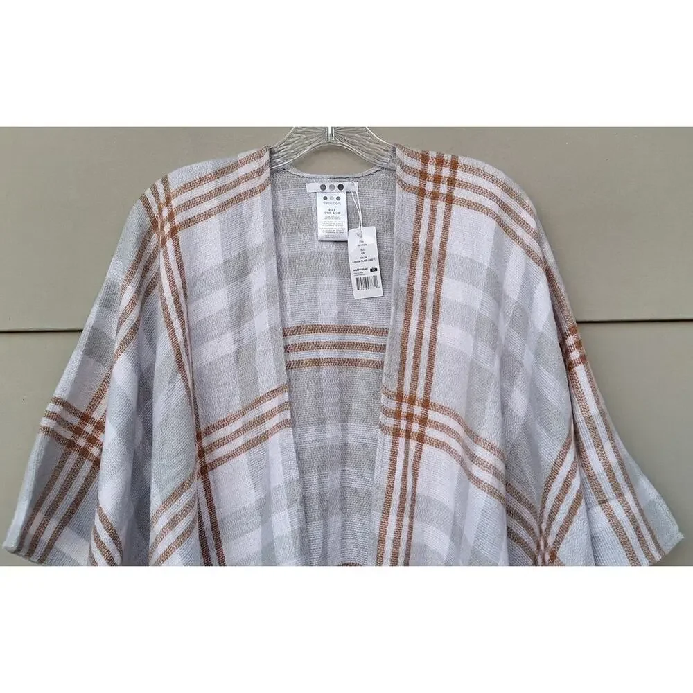 Three Dots Viscose Cashmere Plaid Gray Tan Wrap Shawl Open Poncho O/S $98